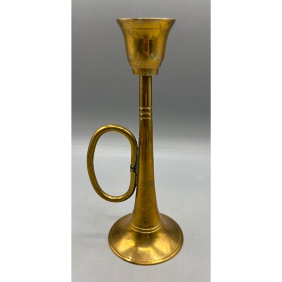 Vintage Brass Horn Candle Holder With Handle Elegant Gold Tapered Design - Picture 4 of 7
